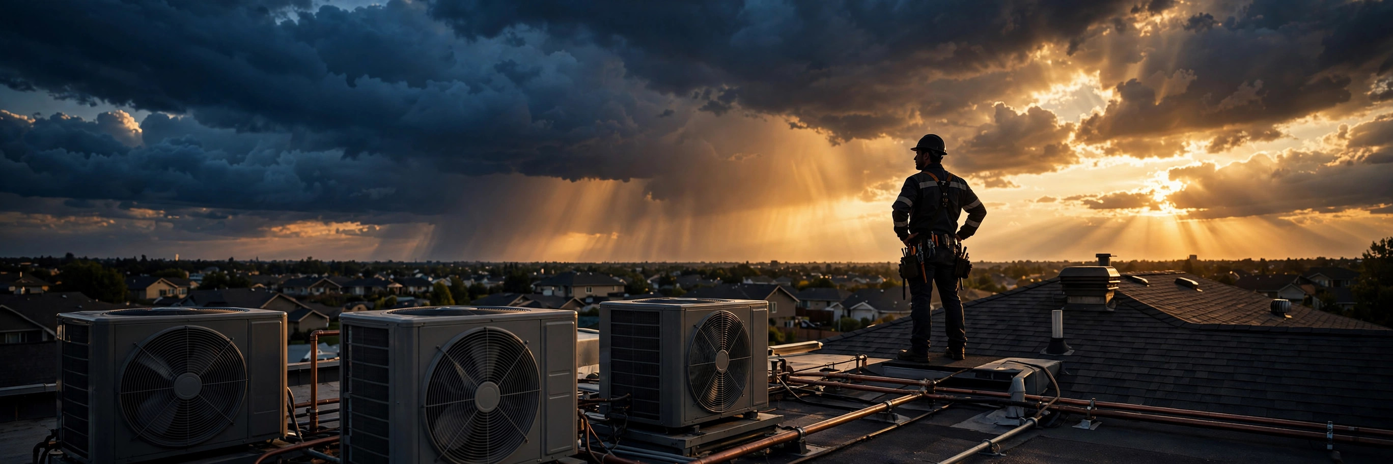 HVAC technician on a rooftop at sunset