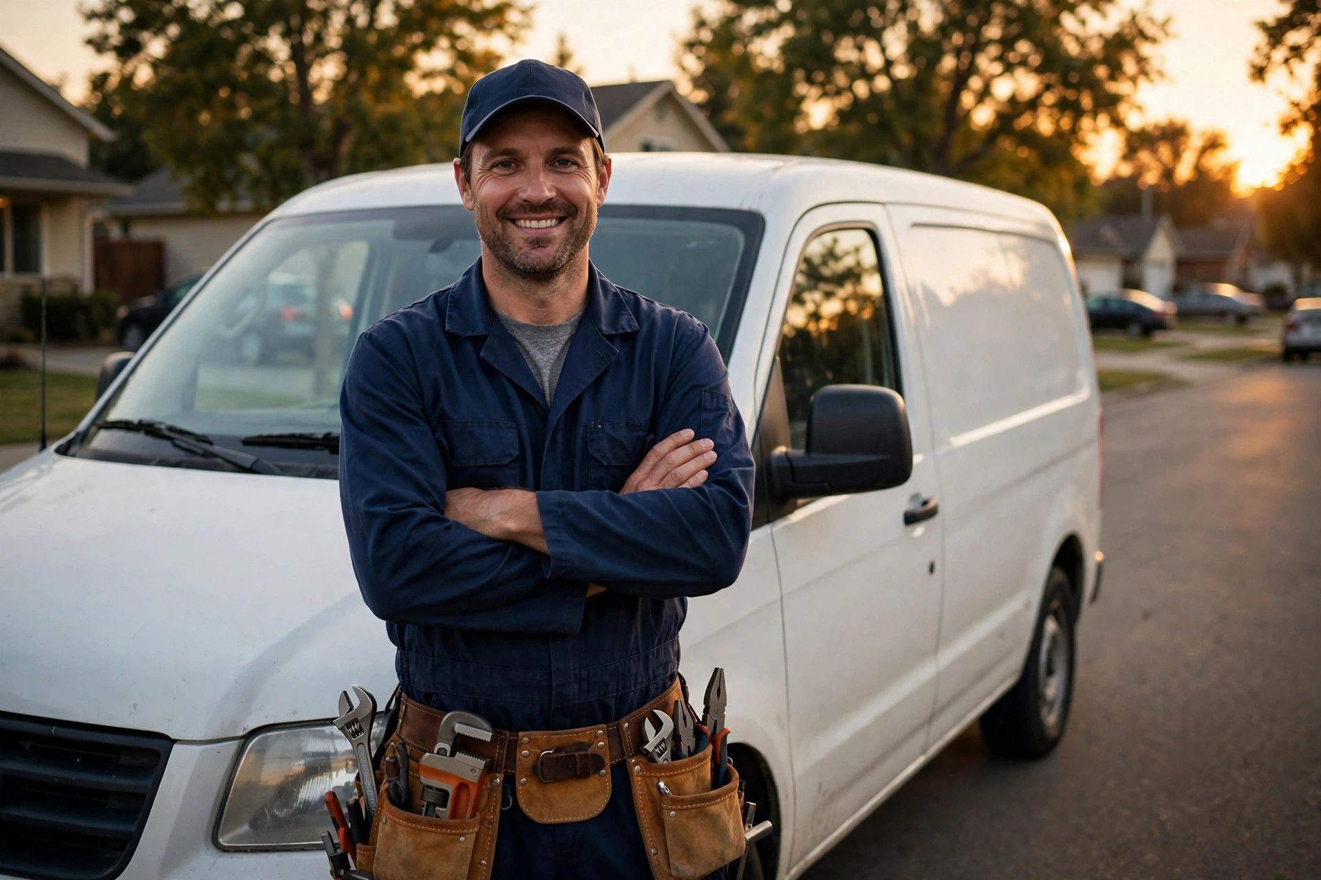 Local business owner in front of his van