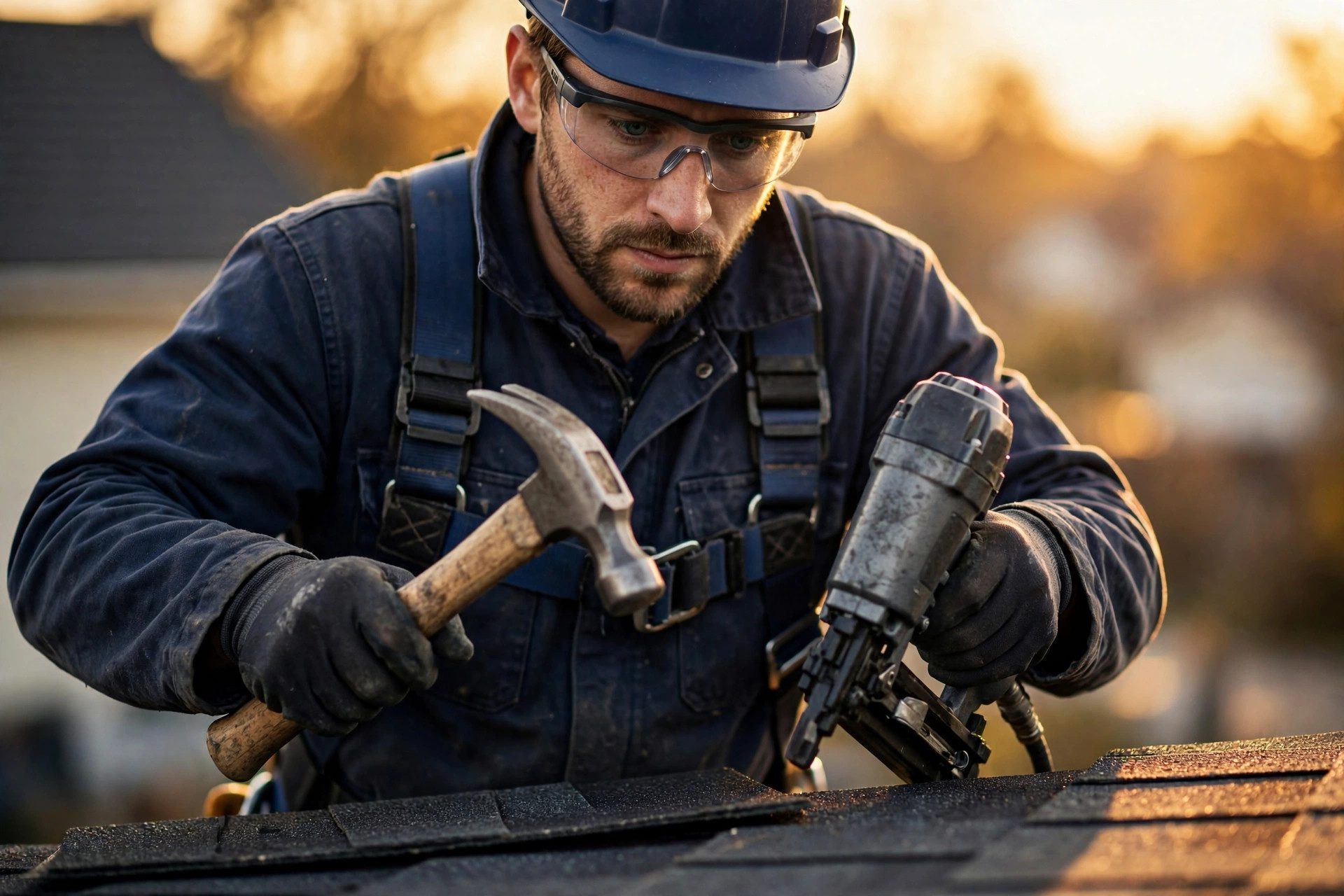 Roofer installing shingles